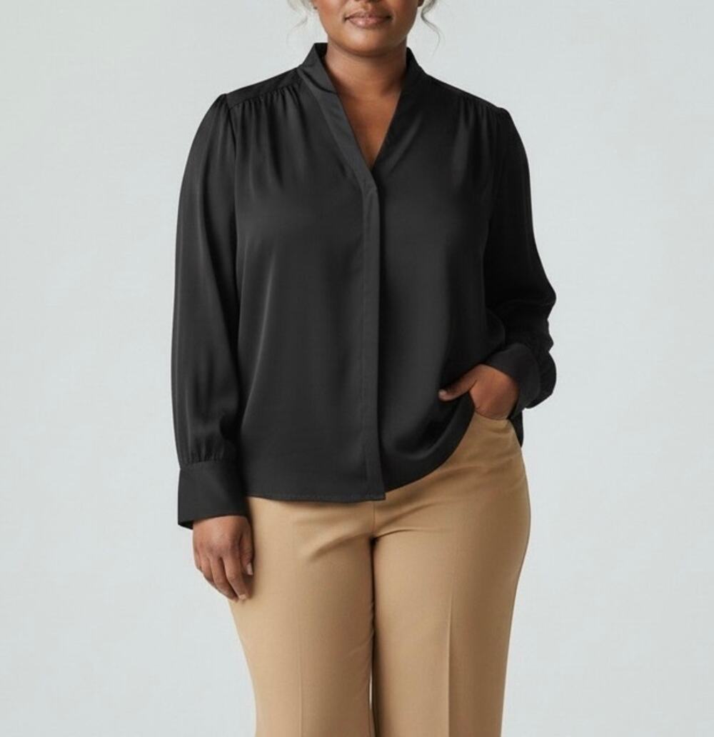 Lafayette 148 Womens XXL Black 100% Silk Collarless Blouse Shirt Elegant Modest